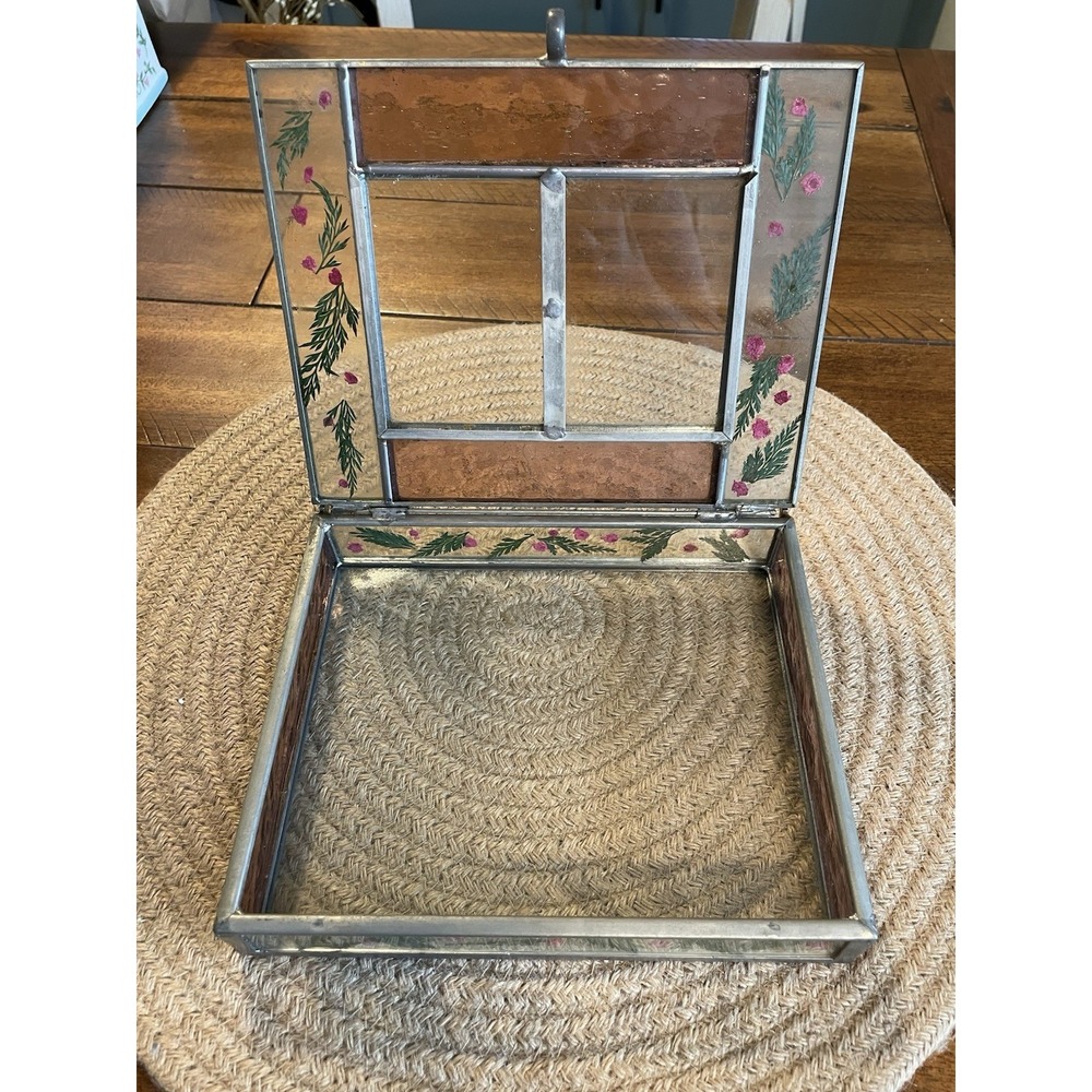 VTG Hinged Lid Glass Trinket Box Dried Flowers Double Picture Frame Cottagecore - Picture 4 of 5